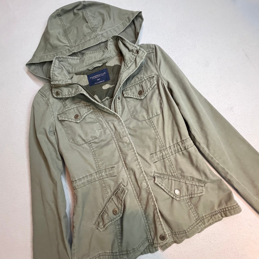 Aeropostale Hooded Utility Jacket Women XS Olive Green Military Cargo Field Coat